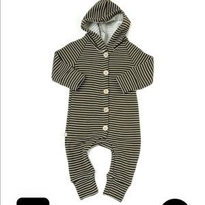Childhoods clothing grey/white striped button down hooded romper. Excellent cond